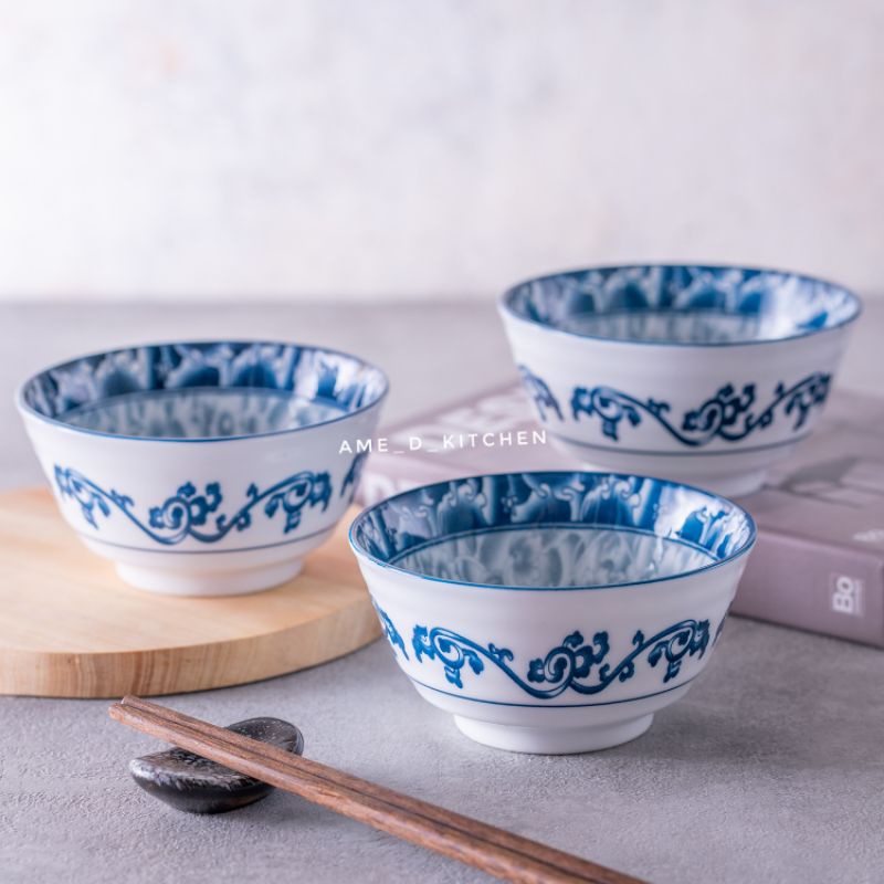 Mangkok bijian keramik 4.5" motif ornament bunga biru full