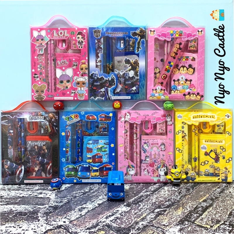 

Stationary Set Box 6in1 Alat Tulis Anak + Dompet Karakter Tayo Paw Patrol Transformers Avengers Spiderman Cars Mcqueen Doraemon Princess Frozen LOL Minion Unicorn Little Pony Hello Kitty Tsum Tsum