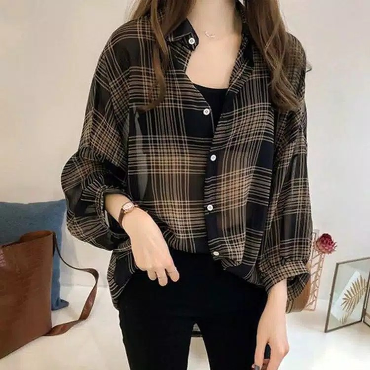 Kemeja Wanita Import Casual  Model Longgar Motif Kotak-Kotak KoreaStyle