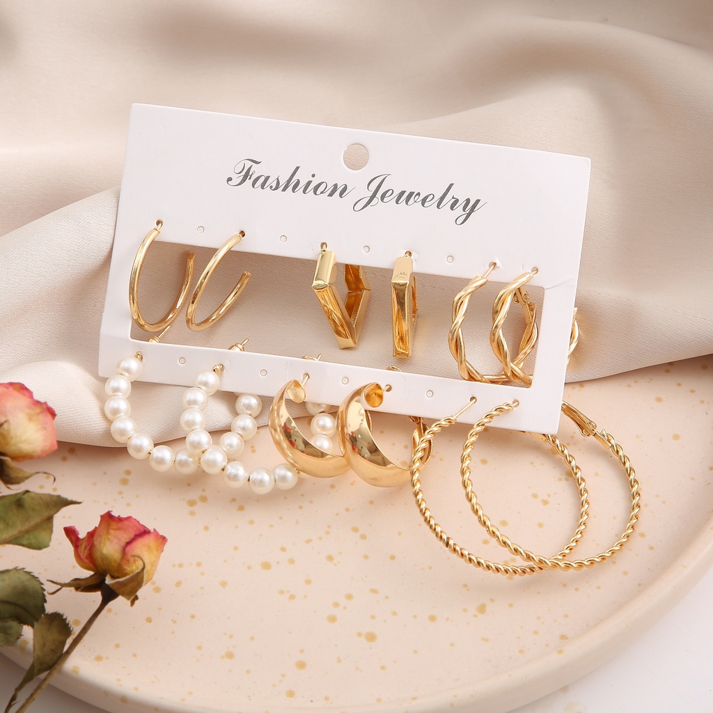 6 Pasang / Set Anting Hoop Bentuk Persegi Aksen Mutiara Warna Emas Untuk Wanita