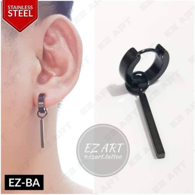 1Pc Model EZ-BA Black Hitam Anting Pria Wanita Jepit Tusuk Variasi Bandul