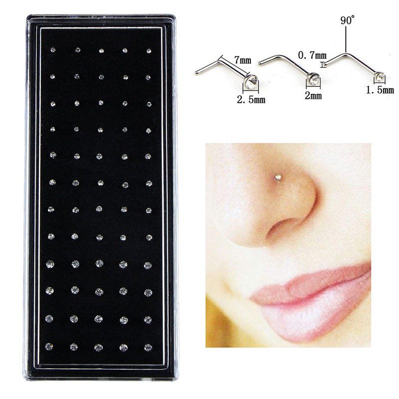 &lt; E2id &amp; &gt; 60PCS / Set Cincin Tindik Hidung / Tubuh Bentuk L Bahan Stainless Steel Hias Kristal