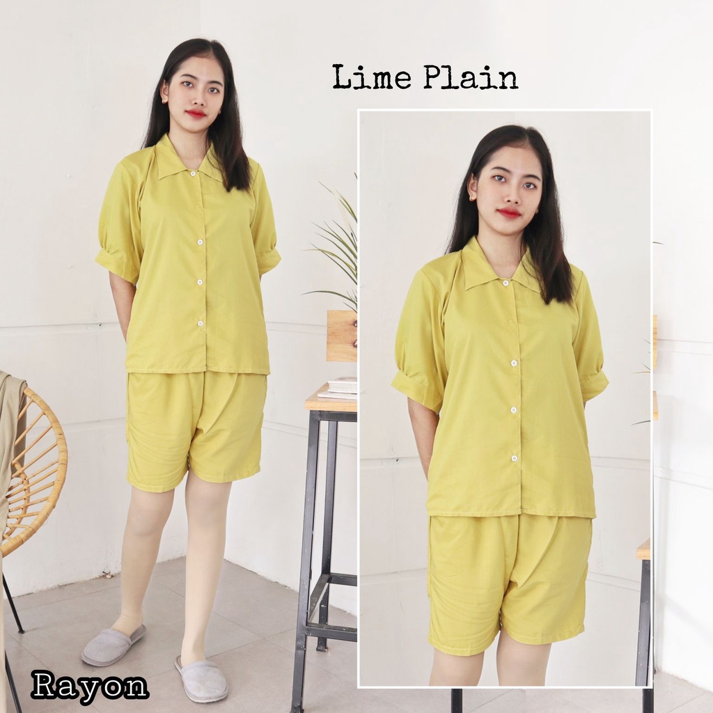 IZANY Piyama Dewasa Hotpant Lengan Balon / HP / Set Celana Pendek Dewasa banyak varian RAYON-LIME PLAIN RA