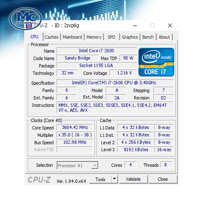 PROCESSOR INTEL CORE I7 2600 3.40 GHz SOCKET LGA 1155 Plus Fan