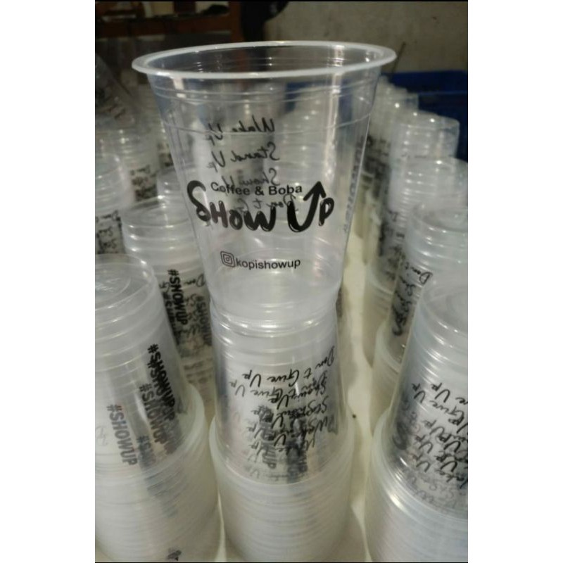 Sablon gelas Cup 14 oz PP Datar 7 gr Logo 1 warna
