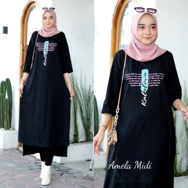 AMELA MIDI DRESS BAHAN KAOS KATUN COMBED 24s APLIKASI SABLON UKURAN LD 110 CM MIDI DRESS KOREAN STYLE MUSLIM DRESS WANITA TERBARU 2023 KEKINIAN FASHION MUSLIM WANITA