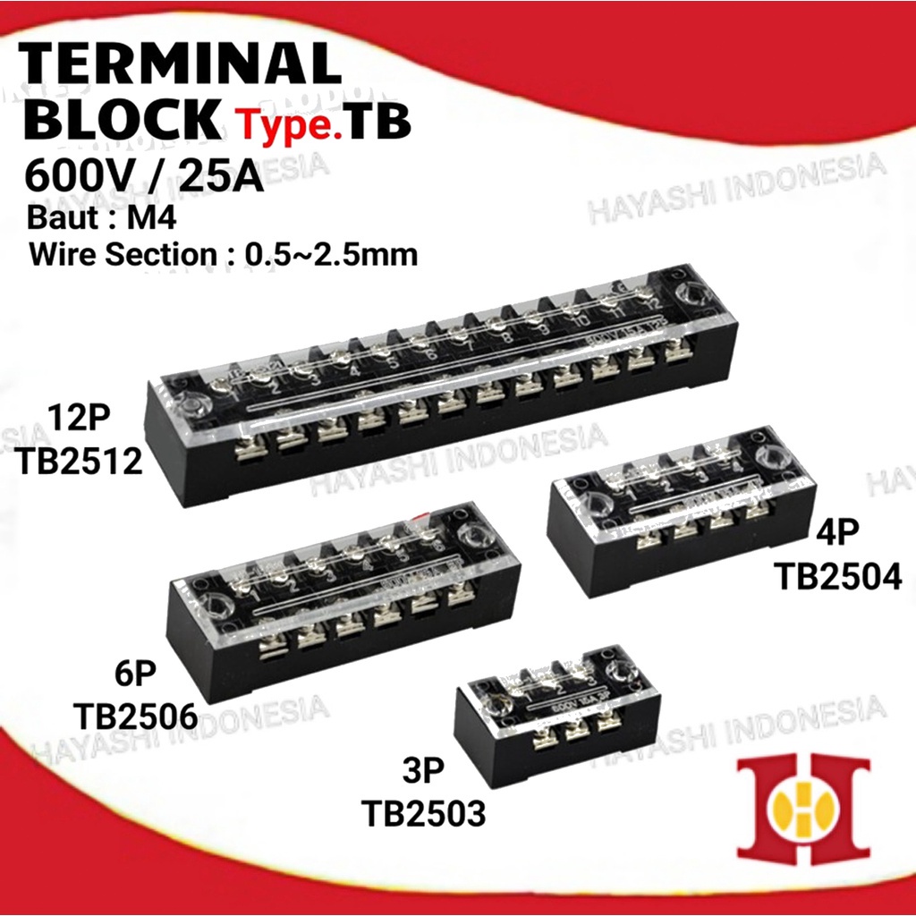 Terminal Block Block Kaca 25A TB 2503 2504 2506 2512 3P 4P 6P 12P Pin - 5pcs