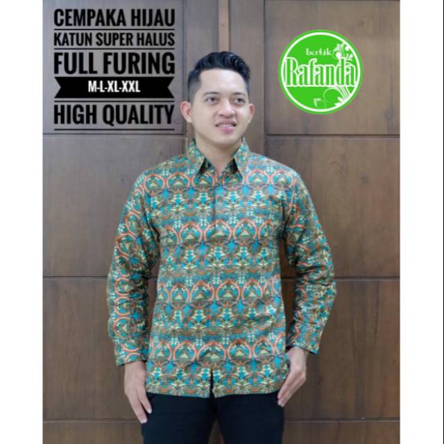 Batik Solo CEMPAKA HIJAU Kemeja Pria Katun Super Halus Full Furing