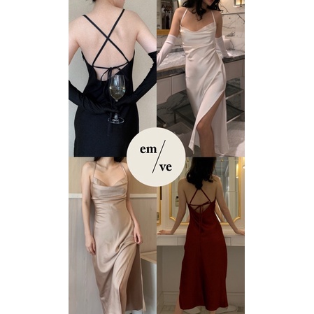 EMVE - Celline Back Tie Slit Dress - Silk Dress Putih Slit