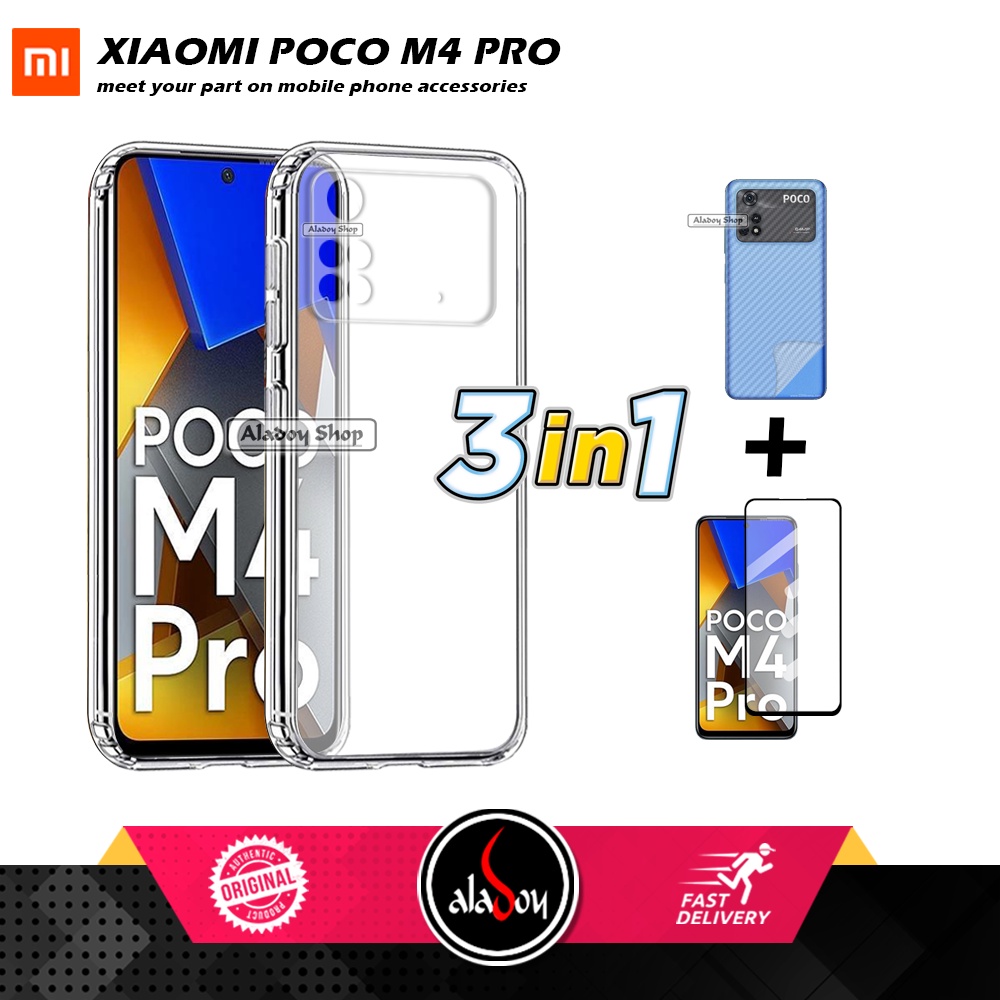 Casing Xiaomi Poco M4 Pro 2022 New Case Ultrathin Premium  Softcase Clear HD + Tempered Glass Layar Full + Skin