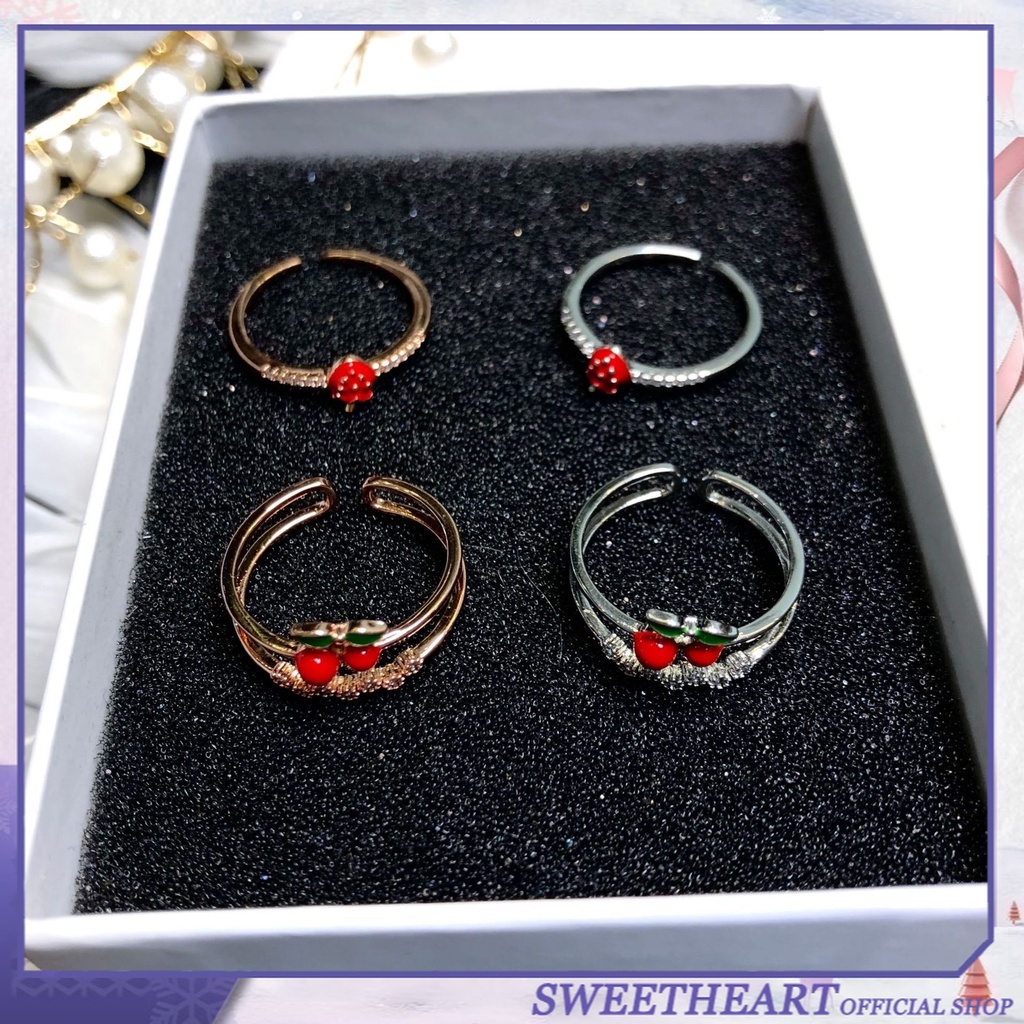 Cincin Model Terbuka Dapat Disesuaikan Desain Strawberry Cherry Gaya Jepang Dan Korea Untuk Perempuan