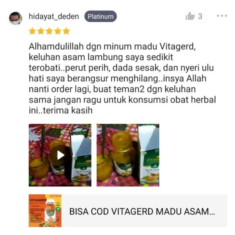 Madu VITAGERD Herbal Obat GERD dan Asam Lambung Original Asli Ori dengan Gejala Susah Tidur Sakit Kepala Kleyengan Tenggorokan