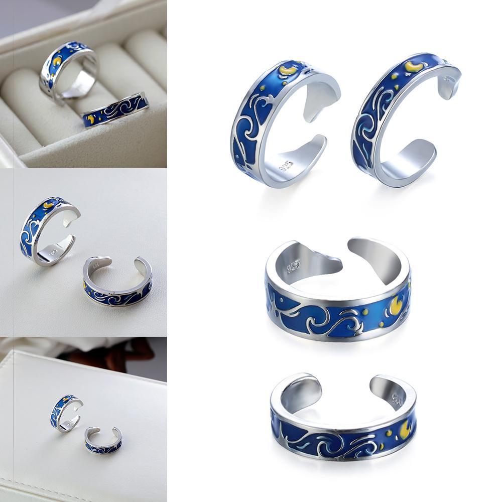 PREVA Couple Rings Valentine's Day Present Jewelry Blue Silver Plate Weddings Romantic Starry Sky