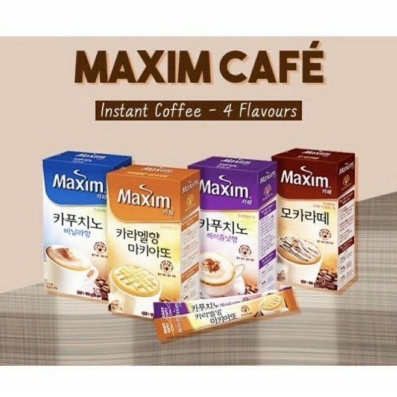 

Maxim Cafe Coffee Caramel Machiato Mocha Latte Hazelnut Vanilla