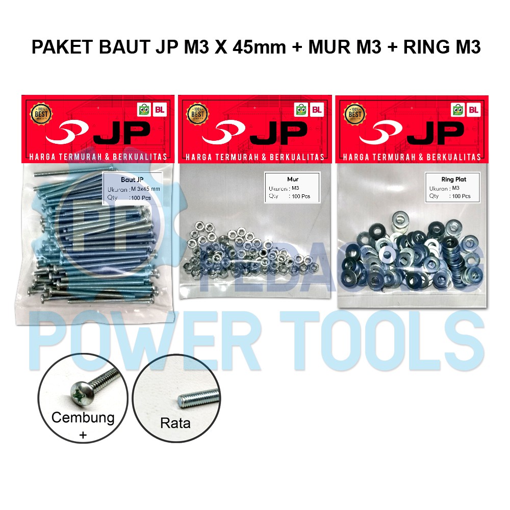 PAKET 3 SET JP M 3x45 BAUT MUR RING PLAT M 3 x 45 MUR M3 ISI 100 PCS