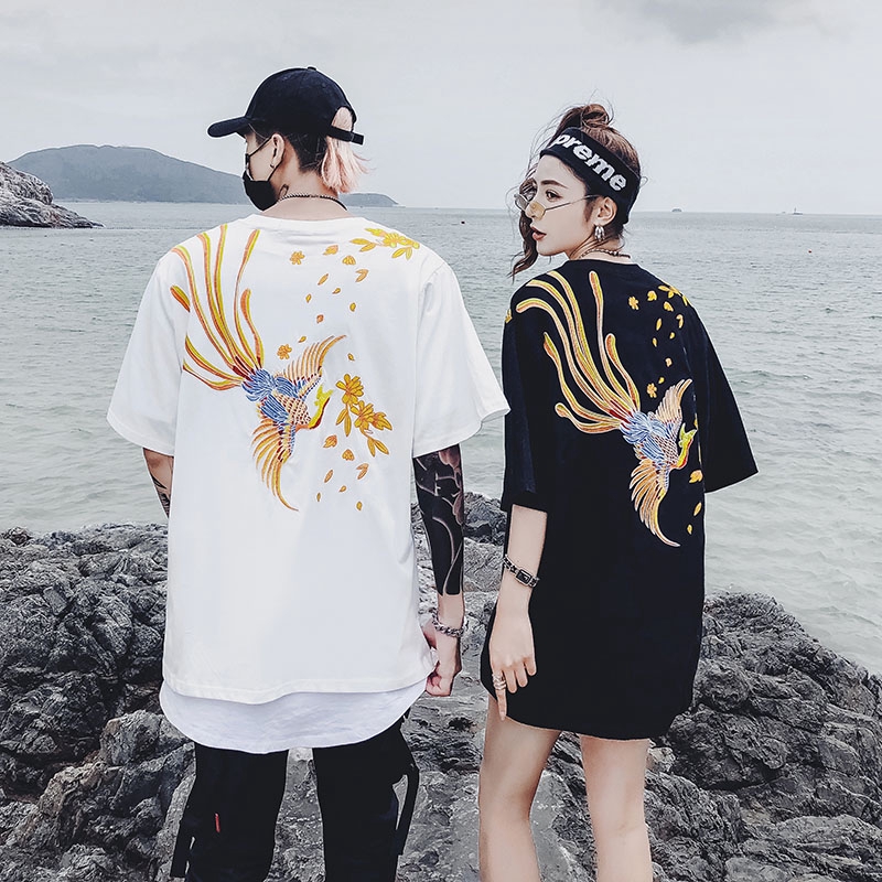 2pcs Kaos T Shirt Model Longgar Lengan Pendek Motif Bordir Burung