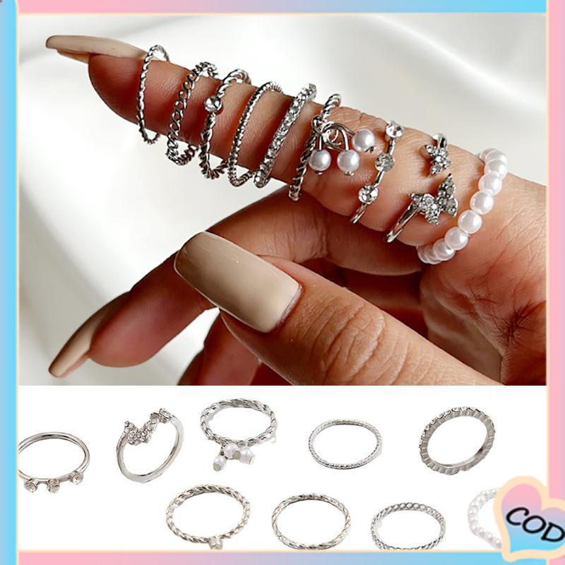 COD❤️ 9 PCS Wanita Tipis Berongga Mutiara Kristal Kupu-kupu Berlian Premium Knuckle Ring Set-A.one