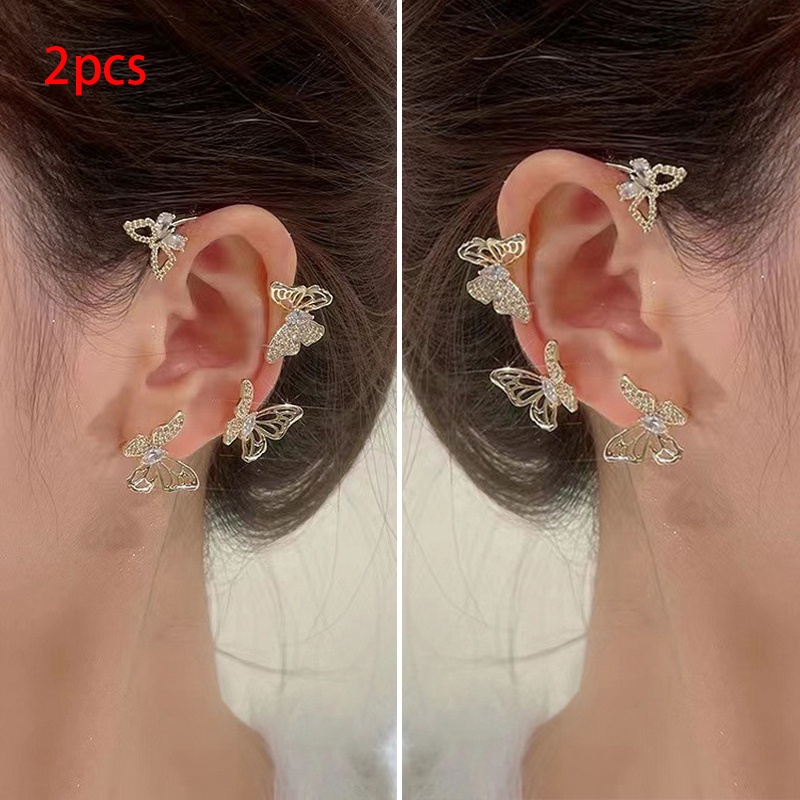 2pcs / set Anting Tusuk + Klip / Jepit + Rantai Rumbai Desain Kupu-Kupu Gaya Korea Untuk Wanita