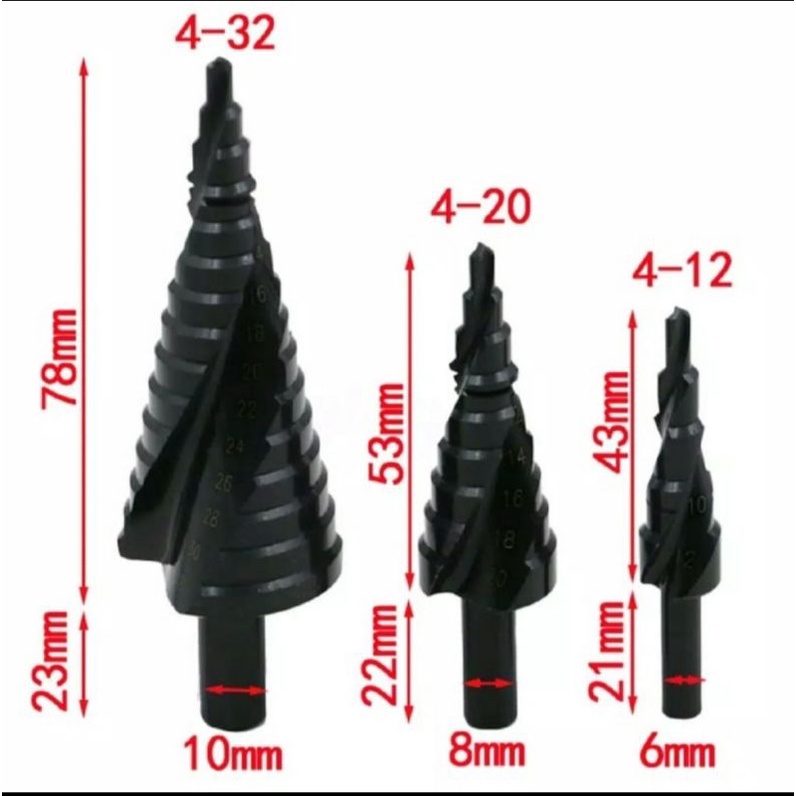 STEP DRILL MATA BOR PAGODA KERUCUT TITANIUM ISI 3pcs 12mm 20mm 32mm