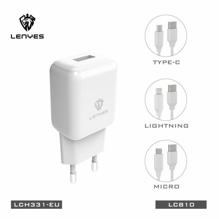 TYPE C LIGHTNING MICRO V8 Travel Charger LENYES Original LCH-331 1USB Real 2.1A Grosir