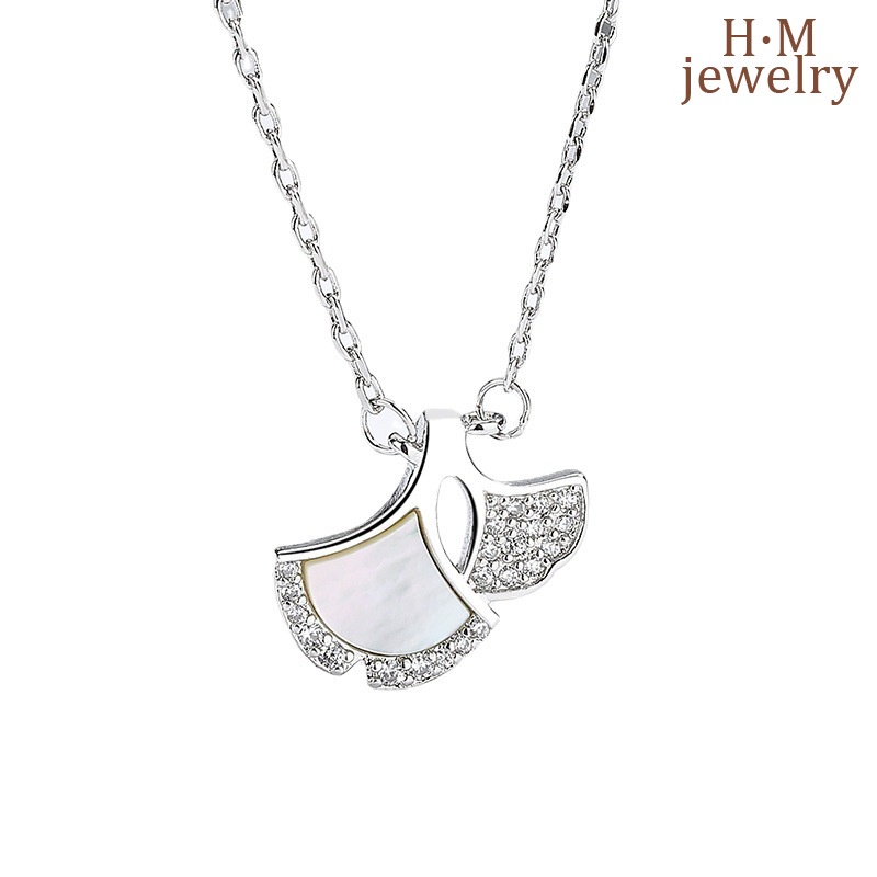 Kalung Rantai Klavikula S925 Silver Bentuk Daun Ginkgo Kipas Kecil Warna Pink