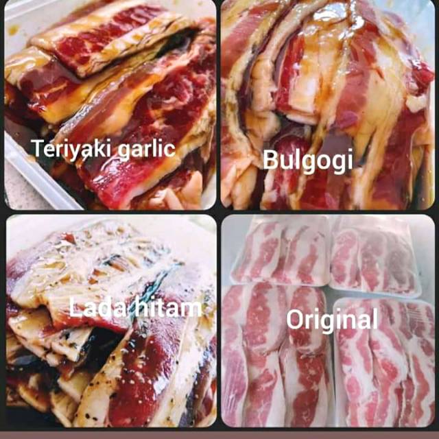 

Daging slice segar, berbagai rasa bulgogi, teriyaki, lada hitam dan ada original rasa daging empuk