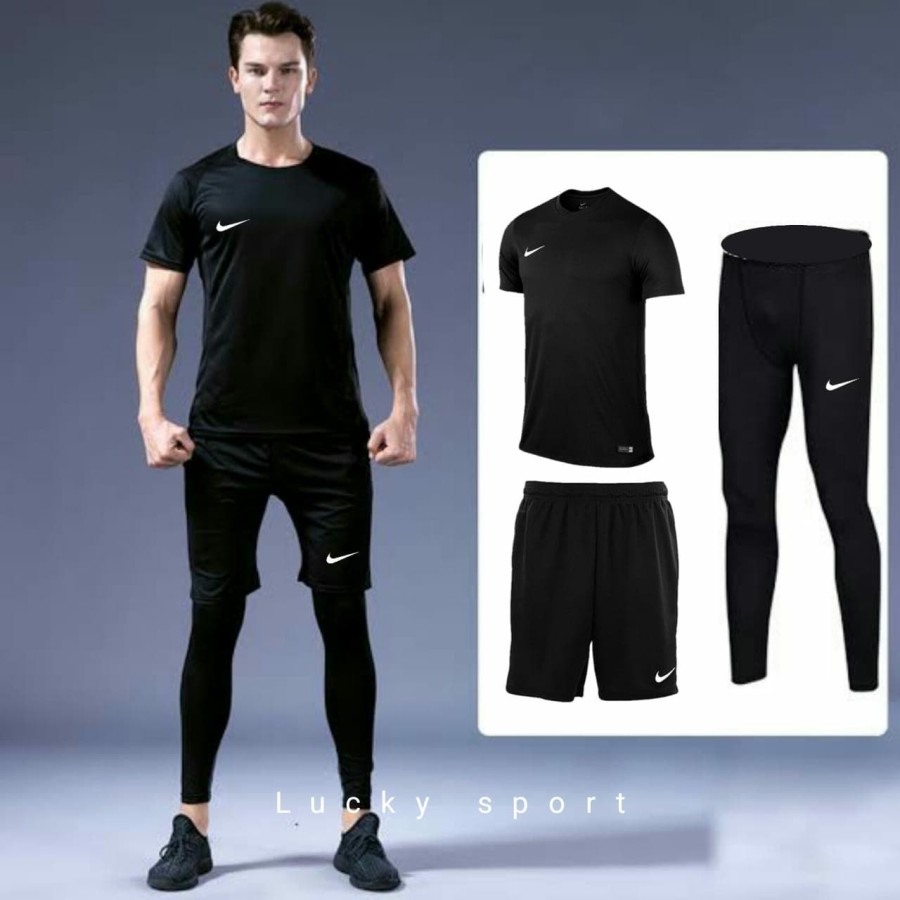 Setelan Stelan / Baju Kaos Pendek + Celana Pendek + Legging Leging Manset Bola Futsal Training Pria