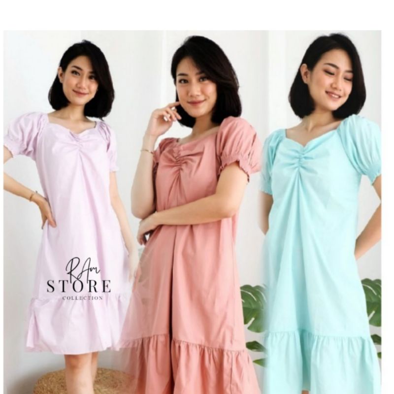 Dress Aluna Midi Dress Korea Style Baju Lengan Pendek Kekinian Dress Rempel Jumbo