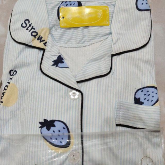 Baju Tidur Wanita / Cewek Piyama Import Bahan Kaos Tebal Aneka Motif All Size L Varian PP-salur Stroberi blue