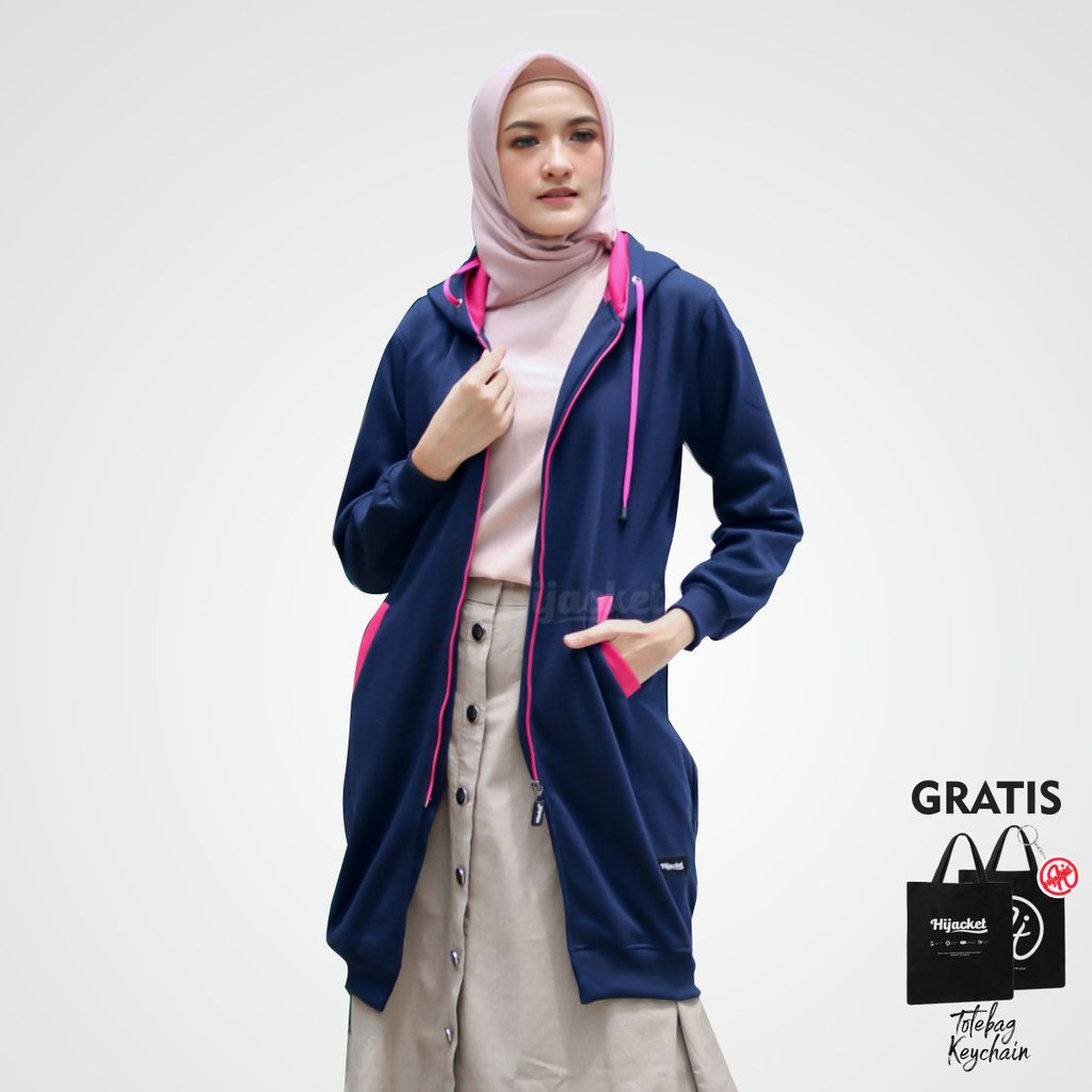 JAKET WANITA MUSLIMAH PANJANG BY HIJACKET BASIC ORIGINAL NAVY X PINK ❤️ HIJAKET MUSLIM BISA CO
