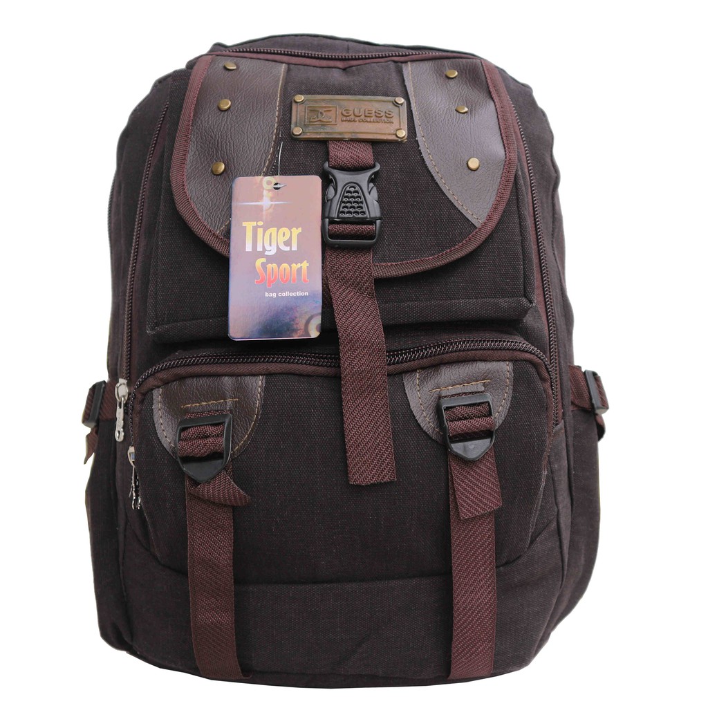 Tas Ransel Backpack Distro Kanvas Guess Warna Coklat Tua Ransel Pria Wanita Keren Bahan Tebal Berkualitas