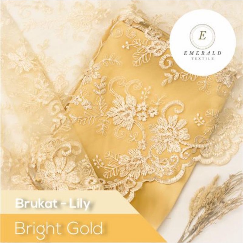 SETENGAH METER Kain Brokat Tile Prancis Bahan Kebaya Motif Lily - Bright Gold / Light Gold ( HARGA PER 50cm KAIN )