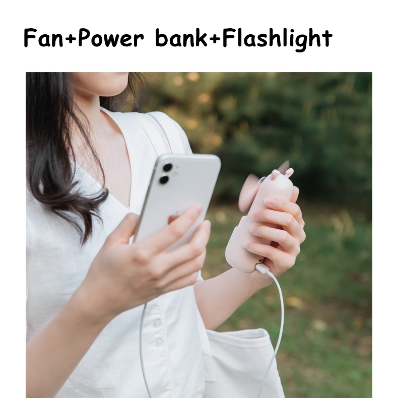 USB FAN + Power bank + Flash light 3in1 Portable Fan Mini Fans Usb Rechargeable Pocket Desk Handheld Fan - Pink, White