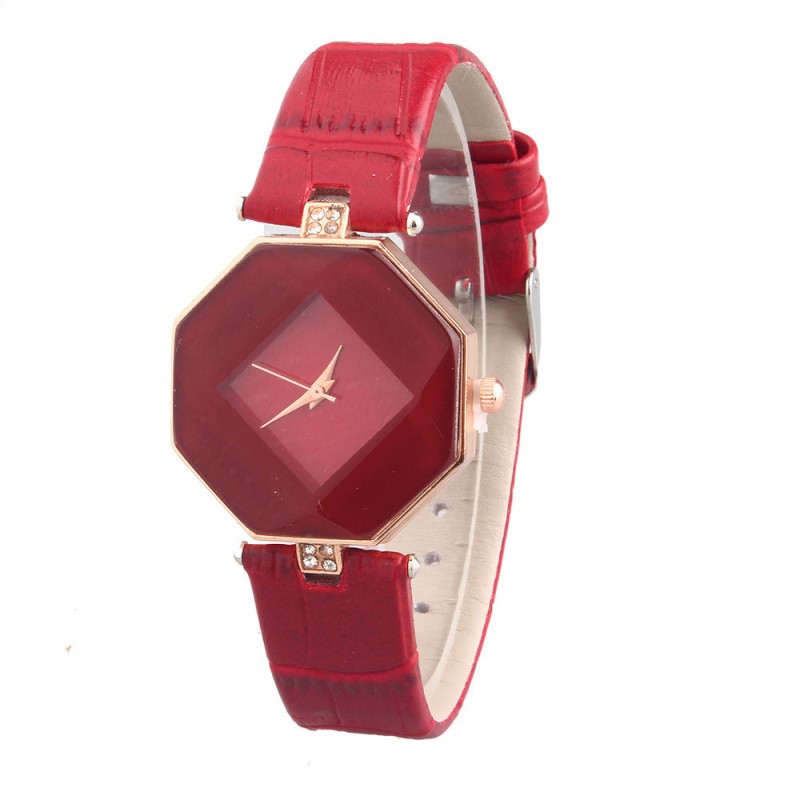 Geneva Fashion Strap Diamond Leather Jam Tangan Wanita - Merah