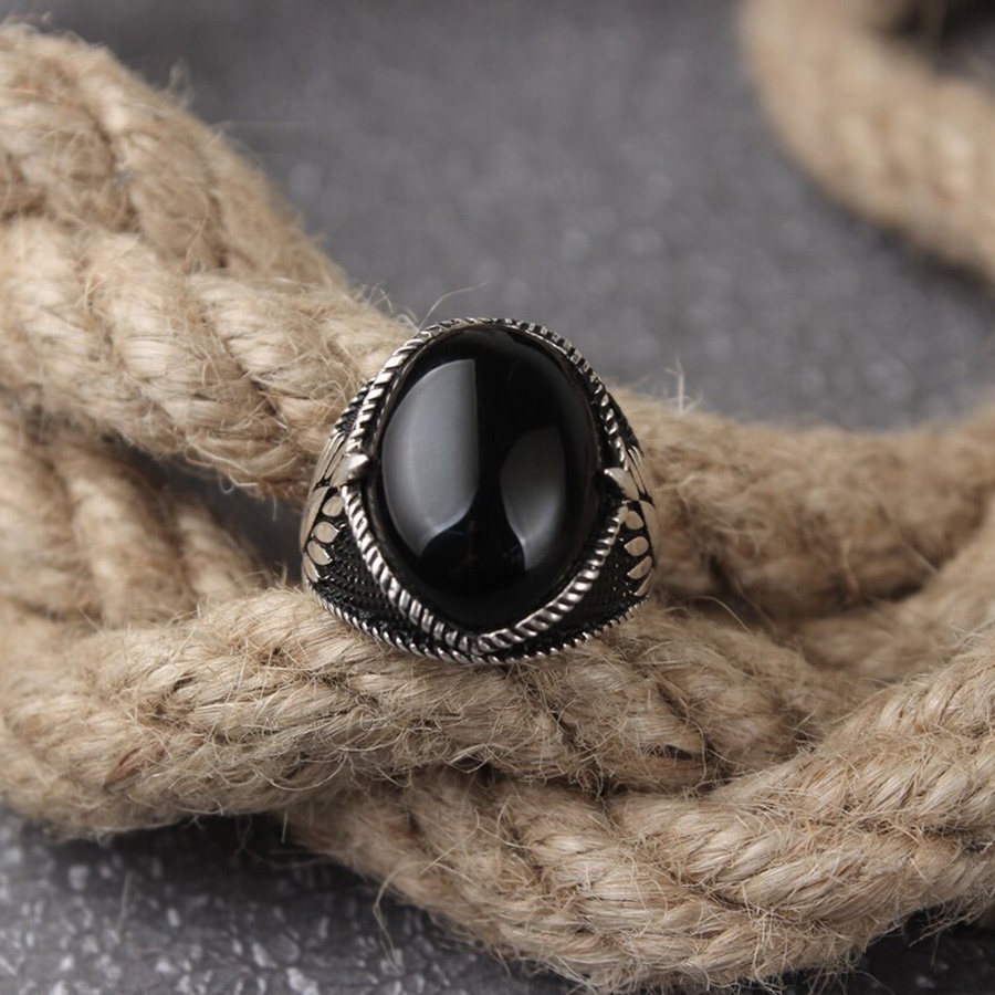 Batu Akik Hitam Cincin Baja Titanium Perak Pola Daun Aksesoris Fashion Pria Punk Batu Permata Rings