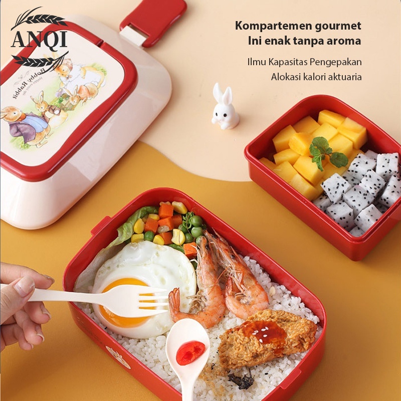 ANQI 1888 2 Susun Portabel Double-Layers Lunch Box Kotak Makan Tahan Bocor Tempat Makan Anak Cute Kotak Makan VS-75