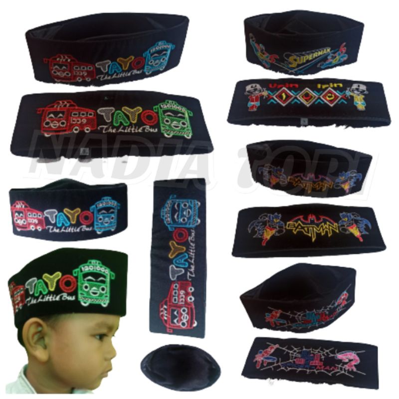 PECI KOPYAH BLUDRU BORDIR TAYO SPIDERMAN SUPERMAN BATMAN ANAK