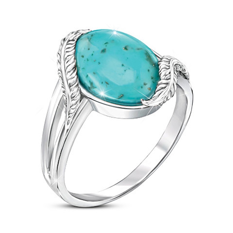 Cincin Desain Bulu Aksen Turquoise Bahan 925 Silver Untuk Wanita