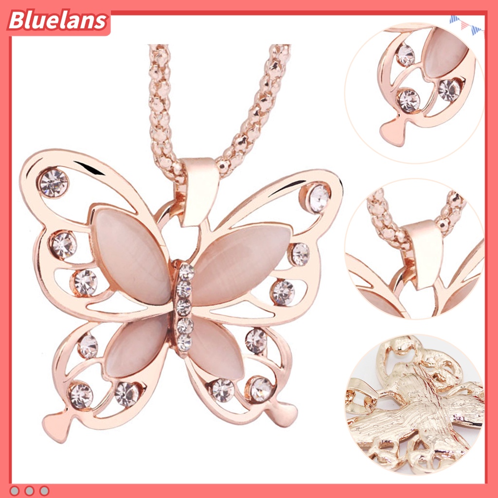 Bluelans Kalung Liontin Kupu-Kupu Warna Rose Gold Aksen Berlian Imitasi Untuk Wanita