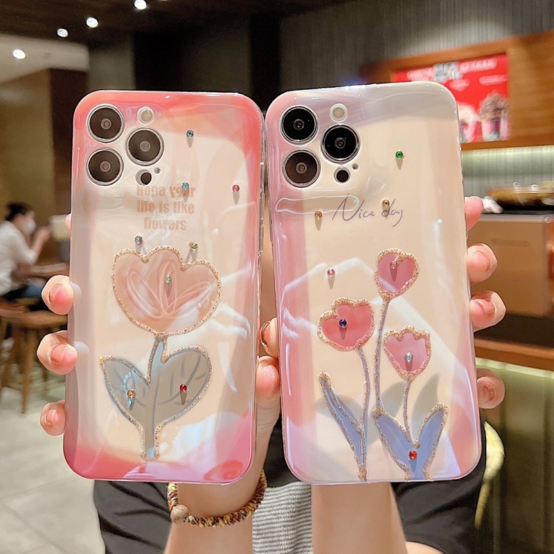 Pink Tulip Softcase Lucu for iphone XS XS Max XR 11 Pro Max 12 Pro Max 13 Pro Max