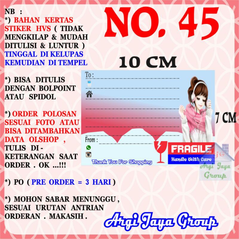 

Stiker HVS - Stiker Pengiriman - Sticker Alamat Olshop Murah Nomer 45 - 10x7cm