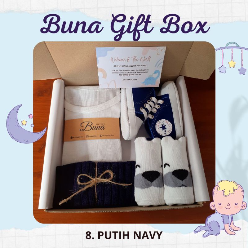 Buna Giftbox / Hampers Bayi / Kado Bayi / Parcel Bayi / Kado Bayi Laki Laki / Kado Bayi Perempuan / Parsel Bayi / Baby gift / Baby Gift Set / Gift Box / Hampers Newborn / Elmer Living-8. PUTIH NAVY