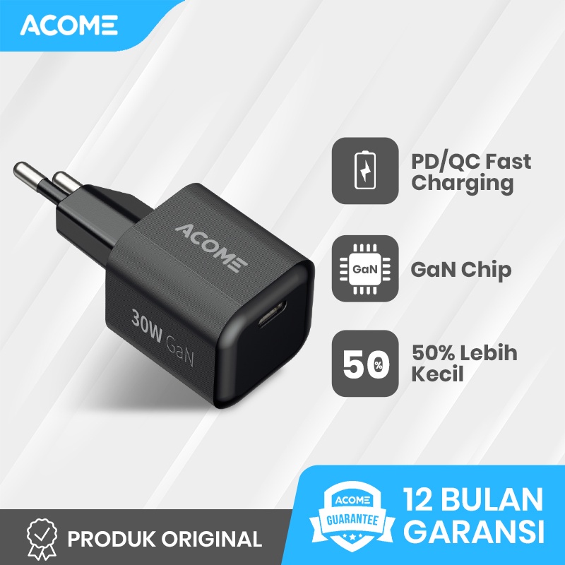 ACOME Charger GaN 30W Fast Charging PD/QC 3.0 Support Laptop/iPad Garansi Resmi 1 Thn - ACG30 Nano