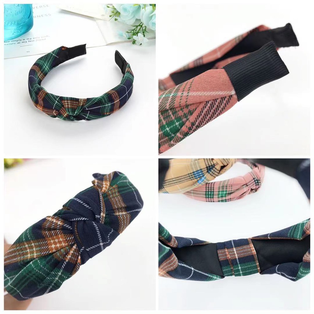 Bando Wanita Ala Korea Style Aksesoris Rambut Fashion Wanita Bandana Motif Kotak-Kotak Simpul Korean