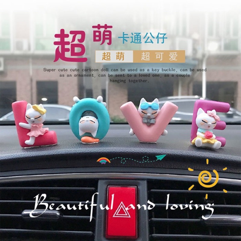 Pajangan Boneka Set Love Cat, Pig and Dog + Anti Slip Kucing Anjing berbulu Hiasan Dashboard Mobil