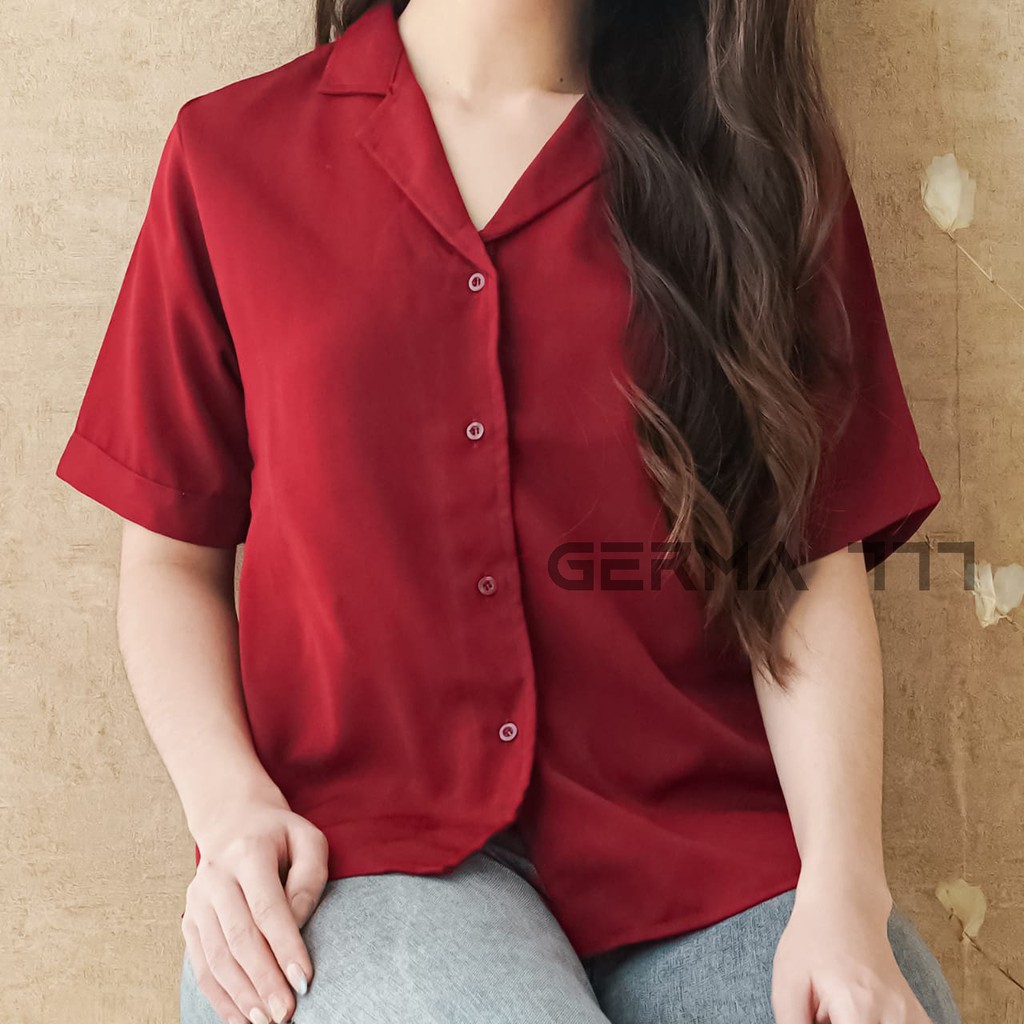 Baju Atasan Kemeja Wanita Basic Polos Lengan Pendek Casual Fashion untuk Kuliah Dan Santai-MERAH