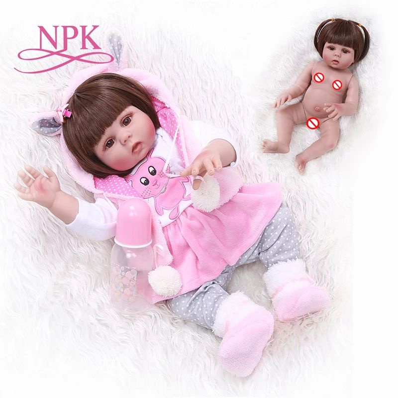 Boneka Reborn NPK 48CM bebe reborn toddler girl doll in pink rabbit dress full silicone body Anatomi