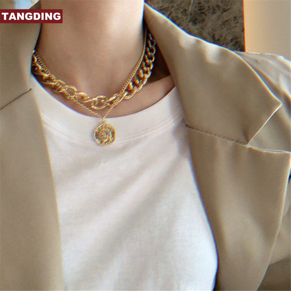 【COD Tangding】2 In 1 Double Personality Hip-hop Necklace Retro Portrait Exaggerated Thick Chain Short Clavicle Necklace