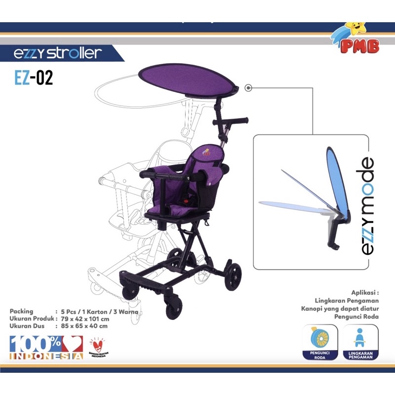 Stroller Anak PMB Ezzy EZ01 EZ02 Kereta Dorong Balita Trike Sepeda Anak Lipat SNI Garansi-Ungu