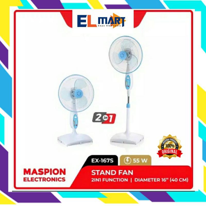 Maspion Kipas Angin Berdiri &amp; Meja 2in1 EX 167S - 167 S - EX167S Stand Desk Fan 55 watt